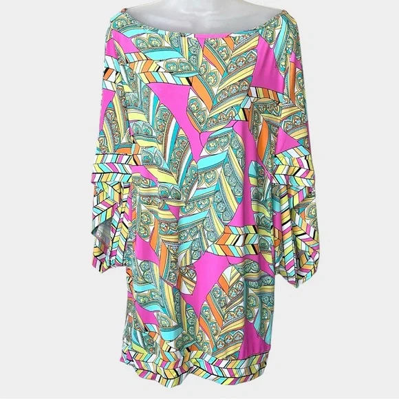 TRINA TURK Tuvalu Tunic Swim Cover Kaftan Dress Size Large Pink Multi Tropical - Picture 3 of 7